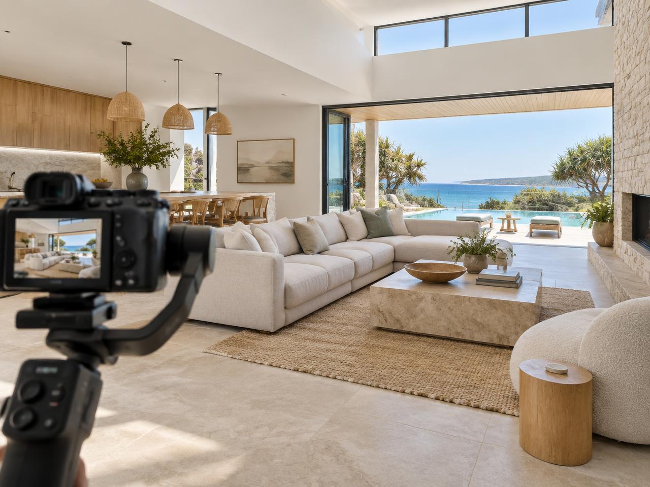 Camera filming a coastal holiday home walkthrough