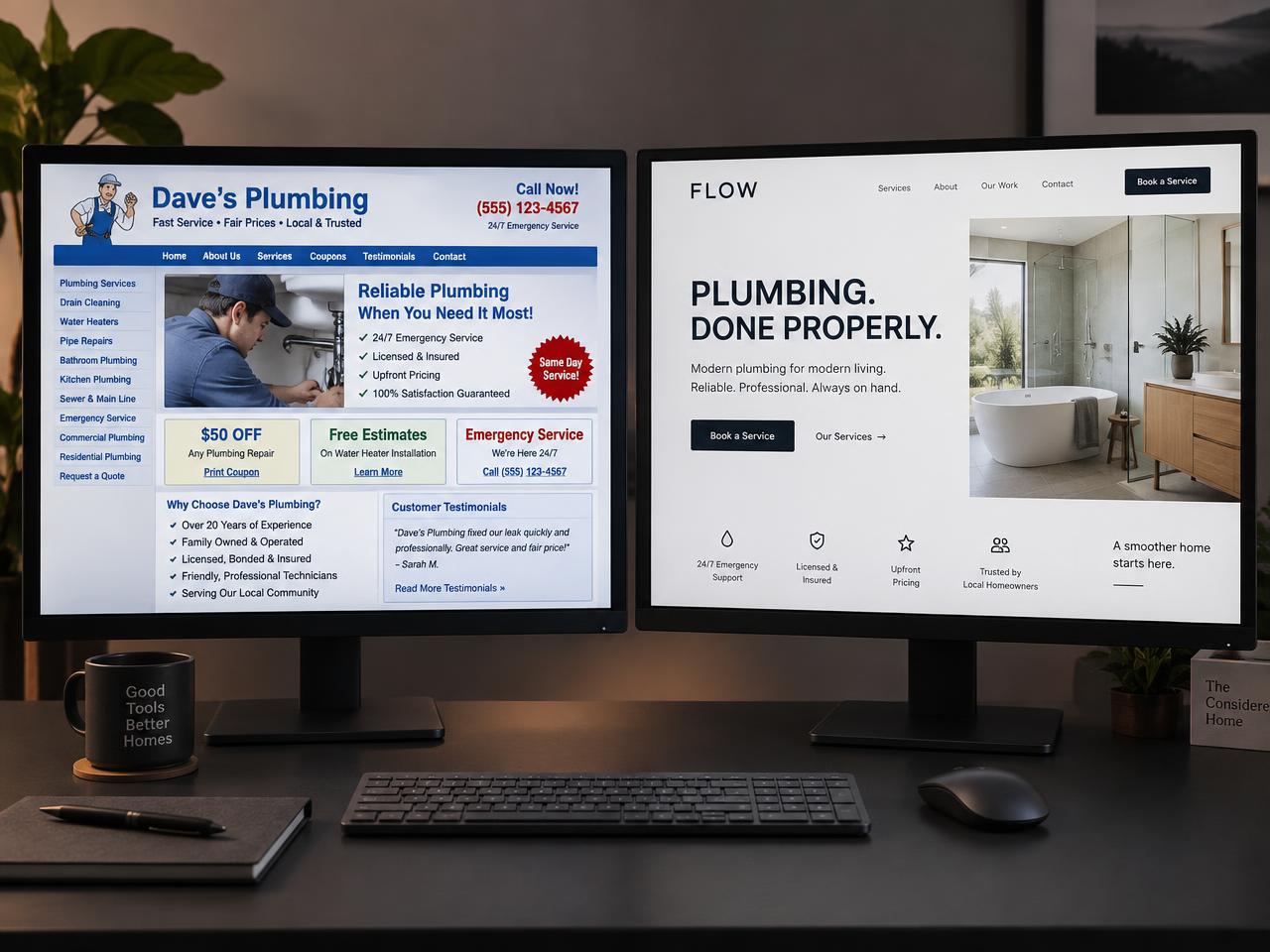Illustrative website refresh comparison on two monitors