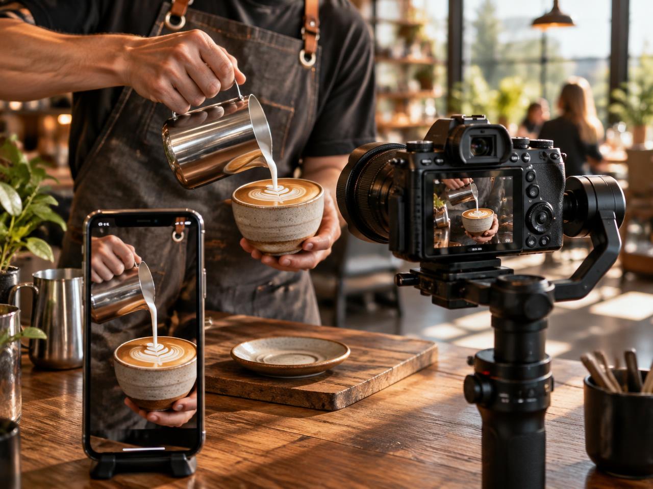 Camera and phone capturing a coffee pour for a social video