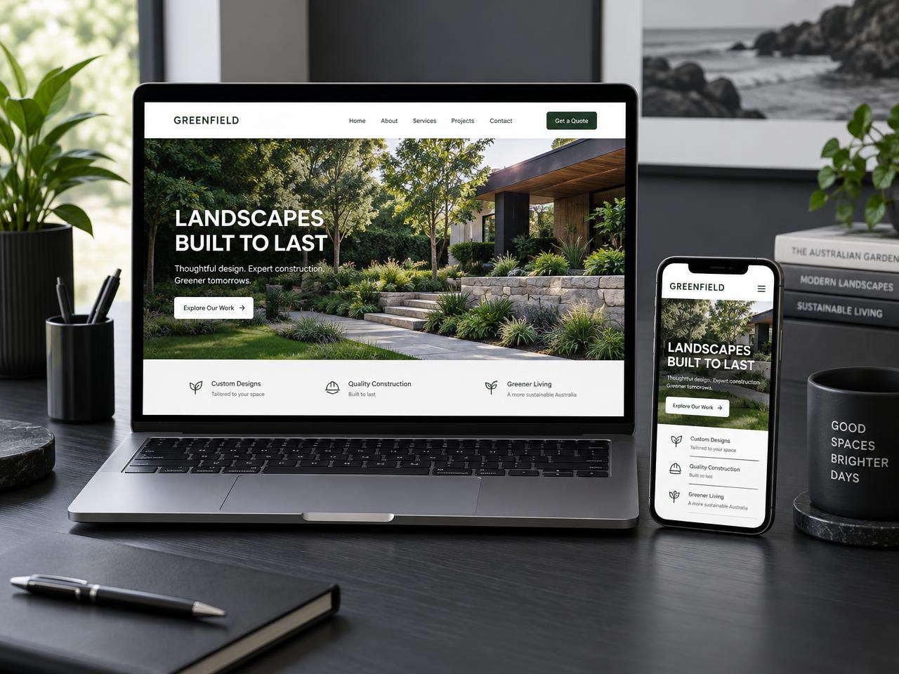 Example business website displayed on a laptop and phone