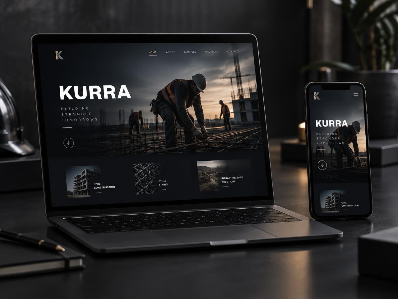 Illustrative mockup of the Kurra Construction website on a laptop and phone