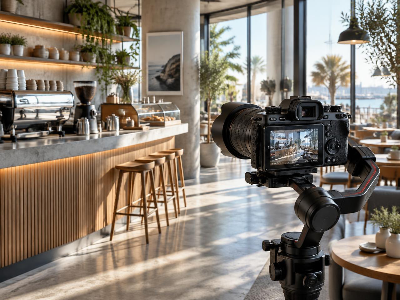 Camera on a gimbal set up to film a bright cafe interior